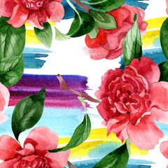 Pink camelia floral botanical flowers. Watercolor background illustration set. Seamless background...