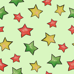  Pattern with painted green and yellow stars on a white background. 