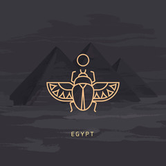 Vector drawing icon of Egyptian scarab beetle, personifying the god Khepri. Icon isolated on background illustration of Egyptian pyramids painted by hand. - obrazy, fototapety, plakaty