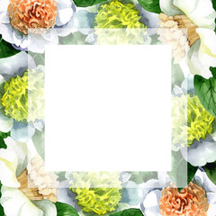 White camelia floral botanical flowers. Watercolor background illustration set. Frame border ornament square.
