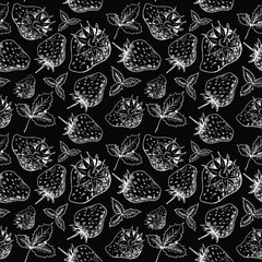 White strawberry on black. Strawberry background. Hand sketched white berries and leaves from strawberries on black background. Seamless vector wallpaper.