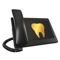 isolated 3d black digital telephone with golden tooth icon