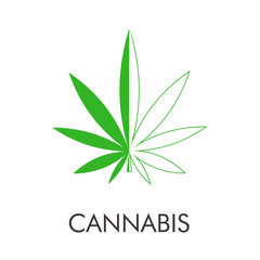Logotipo abstracto con texto CANNABIS con hoja de marihuana lineal dividida en color verde