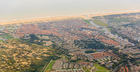 Beautiful aerial cityscape view of the town of Katwijk, the Netherlands, with the beach and river Rhine at the North sea