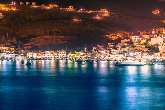 Night view of Gavrio port at Andros island in Greece.