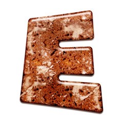 Gingerbread cookie with icing alphabet letter. 3d tasty letter E, isolated on white background.