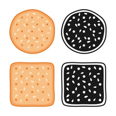 Crackers cookies with seeds, round and square, vector illustration