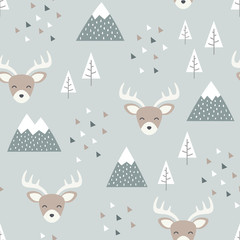 Reindeer Seamless Pattern Background, Happy cute deer in the forest between mountain tree and cloud, cartoon reindeer vector illustration for kids forest background with triangle dots