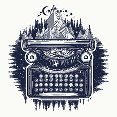 Typewriter and mountains tattoo and t-shirt design. Symbol of imagination, literature, philosophy, psychology, imagination