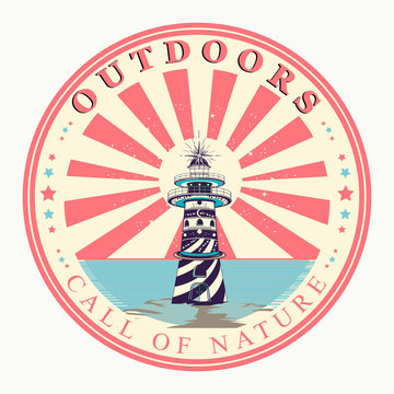 Lighthouse. Outdoor. Call of nature slogan. Symbol of tourism and travel