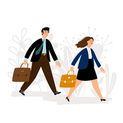 Man and woman in park vector illustration. People go to work with suitcases