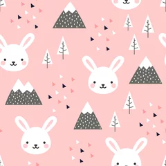Voilages Lapin Lapin sans soudure de fond, lapin mignon scandinave heureux dans la forêt entre arbre de montagne et nuage, illustration vectorielle de dessin animé lapin de Pâques pour les enfants fond nordique avec des points triangulaires