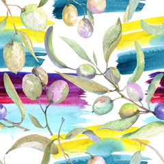 Olive branch with green fruit. Watercolor background illustration set. Seamless background pattern.