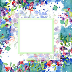 Bouquet floral botanical flowers. Watercolor background illustration set. Frame border ornament square.