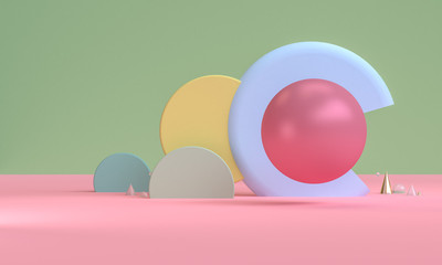 Scene with geometrical forms,  minimal background, 3D render..