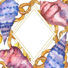 Summer beach seashell tropical elements. Watercolor background illustration set. Frame border ornament square.