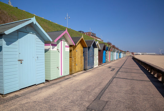 Beach huts along the seafront at Lowestoft, Suffolk, England