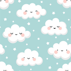Cloud cute smiling face seamless pattern background with star glow, green repeating vector illustration