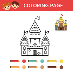 Obraz na płótnie Canvas Activity page for kids. Coloring book with a contour and color example. Castle. Vector illustration