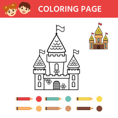 Fototapeta premium Activity page for kids. Coloring book with a contour and color example. Castle. Vector illustration