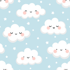 Cloud cute smiling face seamless pattern background with star glow, green repeating vector illustration