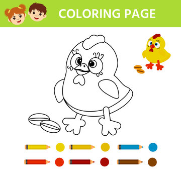 Educational game for preschool kids. Coloring page. Cartoon cute Chicken. Vector Illustration.