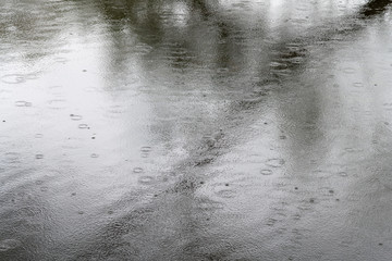 Rain drops on water surface.