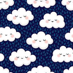 Cute cloud smiling face seamless pattern background with rain drop, repeating vector illustration