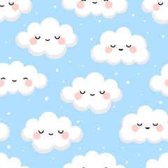 Cloud cute smiling face seamless pattern background with star glow, green repeating vector illustration