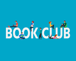 Book club concept illustration. Students Boy and Girl using laptop, books, standing and  sitting near capital letters book club. Vector illustration can use for, landing page, template,  banner, flyer