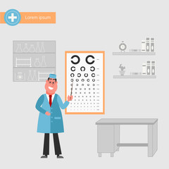 Doctor oculist stand at sight check board for vision test pointing on letters. Medicine and healthcare concept. Eyesight Check Up. Vector illustration
