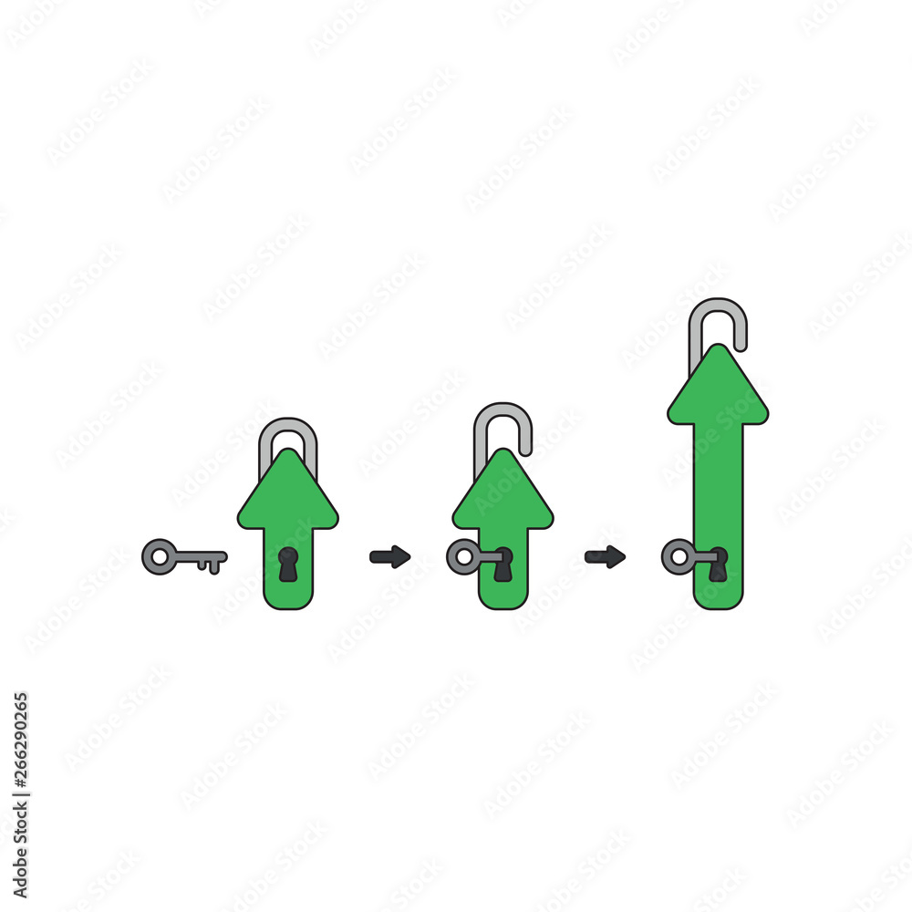 Poster vector icon concept of closed arrow padlock icon keyhole, key unlock and arrow moving up.