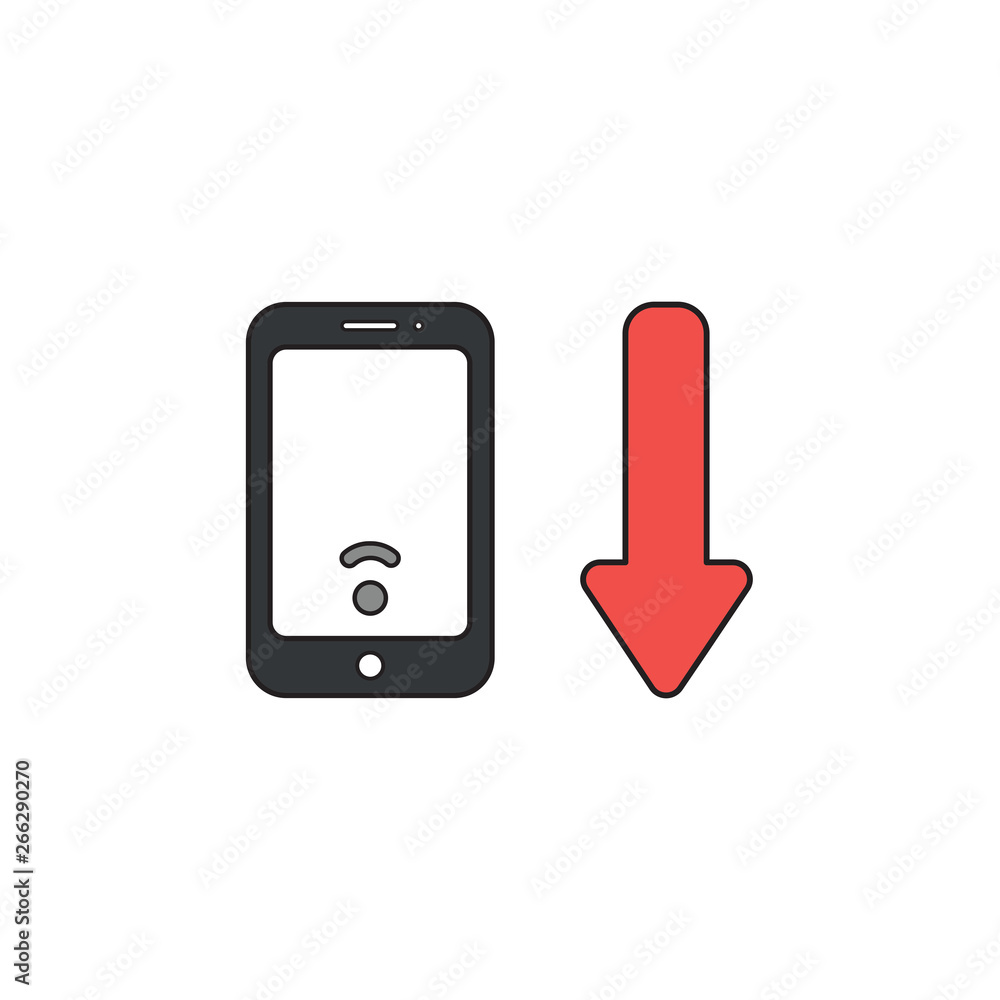 Poster vector icon concept of smartphone with low wireless wifi signal and arrow moving down.