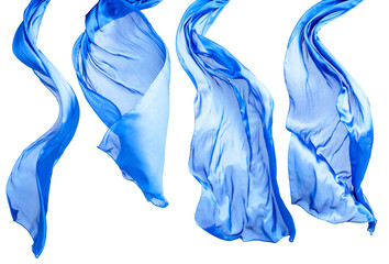 Smooth elegant blue transparent cloth isolated on white background.