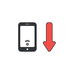 Vector icon concept of smartphone with low wireless wifi signal and arrow moving down.