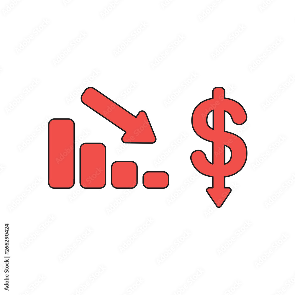 Poster vector icon concept of sales bar chart with arrow moving down and dollar money with arrow moving dow