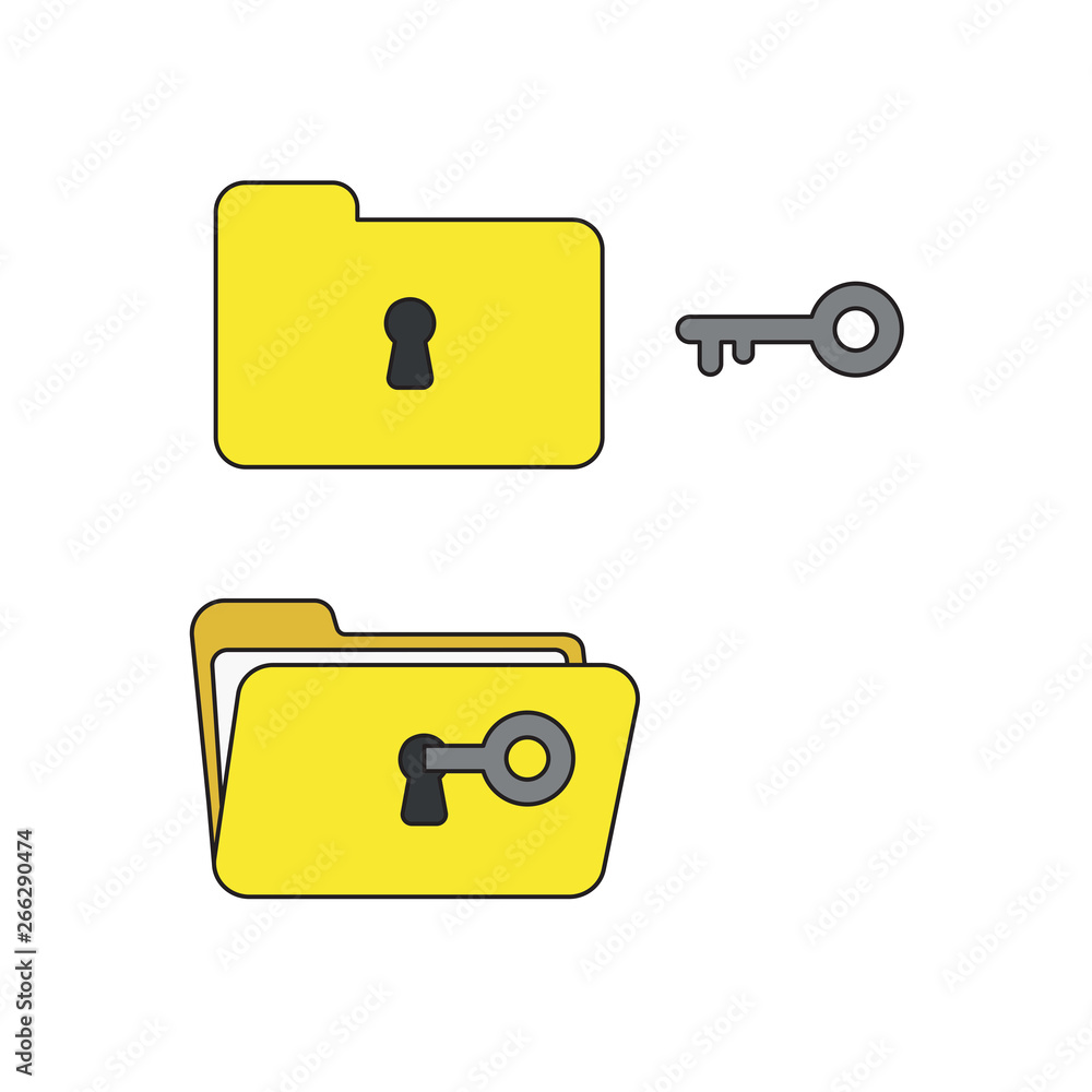 Poster vector icon concept of closed and open folders with keyhole and key unlock.