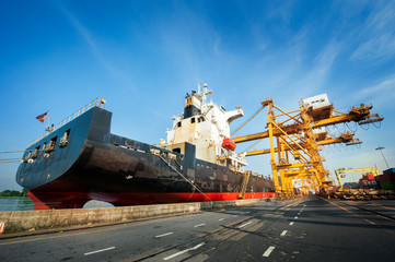 Transport logictic industry concept of cargo, truck, transportation, container box, vessel ship and working crane, import export business.