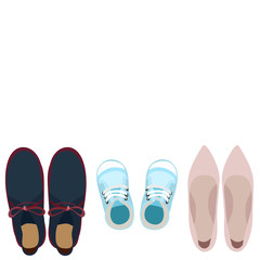 vector, isolated, male and female shoes, top view