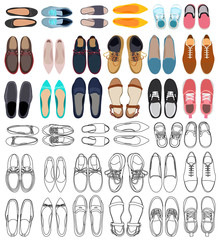 vector, isolated, set, collection of men's and women's shoes, top view