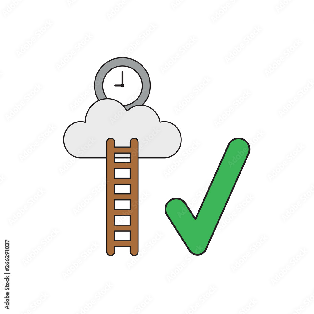 Poster vector icon concept of clock time on cloud with wooden ladder and check mark.