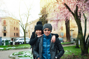 A couple tourist travel in Segovia the historic city Romanesque architecture locate at northwest of Madrid, Spain.