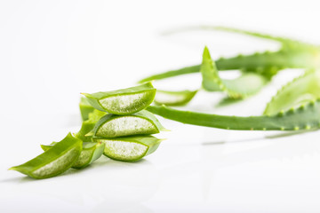 Cut Aloe Vera leaves on white background.