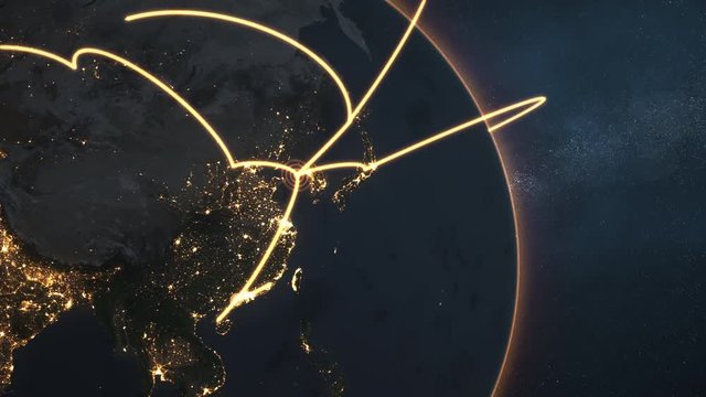 3d animation of a growing network across a realistic earth. Seamless loop. Abstract global business network concept. Orange closeup night version. Elements of this image furnished by NASA