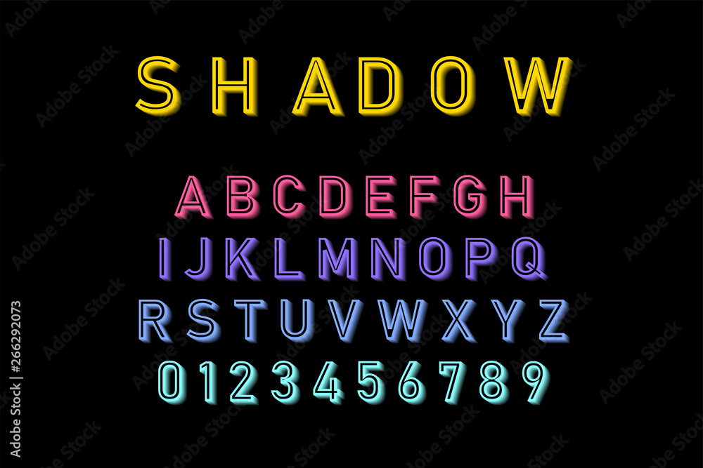 Poster shadow font in colorful color. font and alphabet with shadow. lettering with shadows
