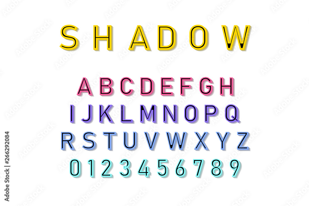Poster vector shadow font in colorful color on white background. font and alphabet with shadow. lettering w