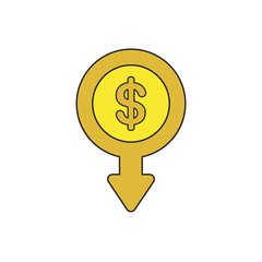 Vector icon concept of dollar money coin with arrow moving down.