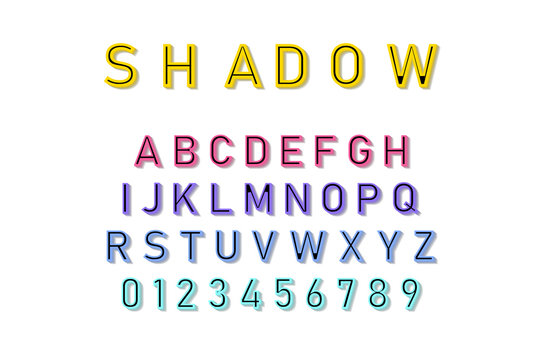 Vector Shadow Font in colorful color on white background. Font and alphabet with shadow. Lettering with shadows