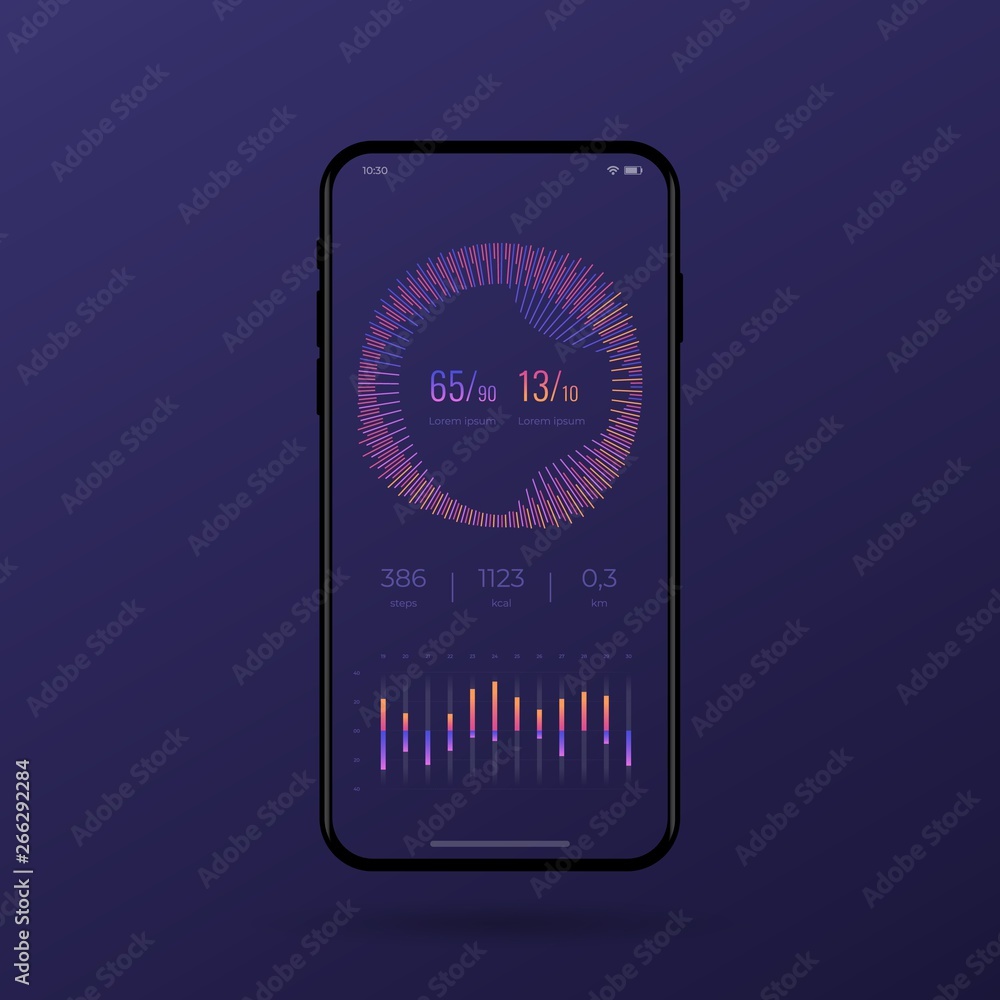 Aufkleber dashboard ui and ux kit. control center design. fitness app, activity tracker for smartphone. vector