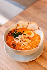 Spicy Chashu Miso Ramen: Japanese noodle in vegetable broth mix Miso paste with Chashu pork, sprouts, minced pork, seaweed and half boiled egg.
